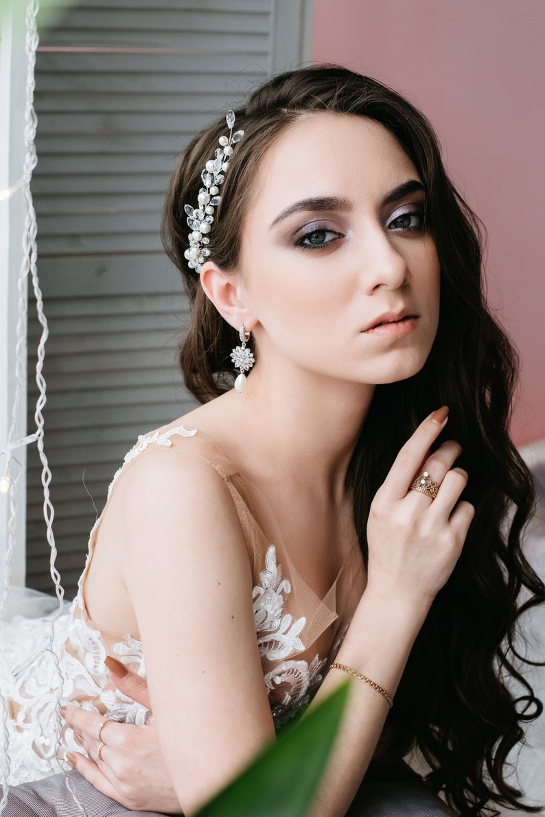 Bridal hair piece with pearls teardrop clear beads and cubic Etsy
