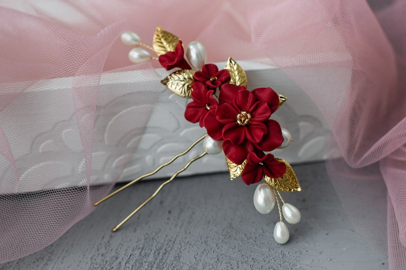 Ruby Red Floral Hair Comb Bridal Hair Piece With Gold Leaves Etsy