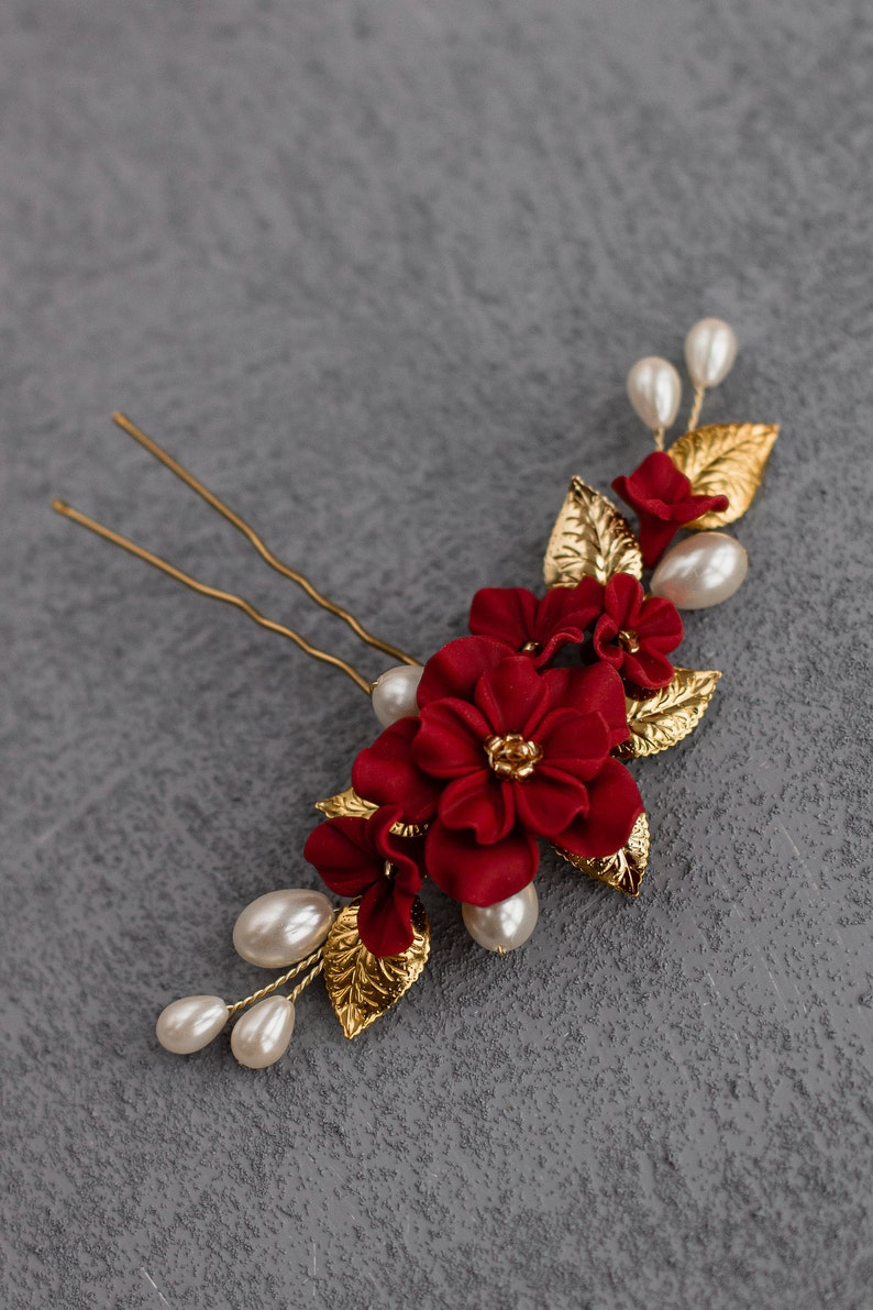 Ruby red floral hair comb bridal hair piece with gold leaves Etsy