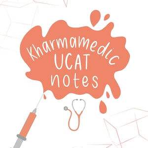 以下が含まれることがあります： ピンクのしぶきと「Kharmamedic UCAT notes」というテキスト、注射器と聴診器。背景は白で、ピンクの幾何学模様が描かれている。