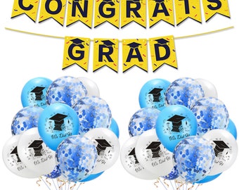 Congrats Grad Graduation Balloons and Banner Party Pack (Blue and White)