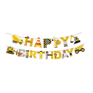 Puede incluir: Una pancarta amarilla y negra con tem&aacute;tica de construcci&oacute;n que dice "Happy Birthday". La pancarta est&aacute; decorada con veh&iacute;culos de construcci&oacute;n, herramientas y se&ntilde;ales de tr&aacute;fico.