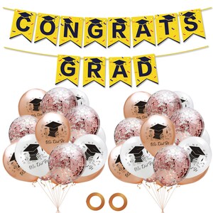 Congrats Grad Graduation Balloons and Banner Party Pack Rose Gold and White image 1