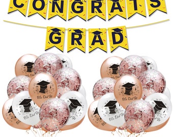 Congrats Grad Graduation Balloons and Banner Party Pack (Rose Gold and White)