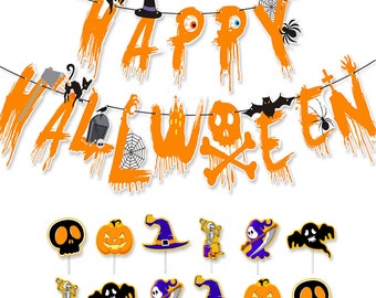 Happy Halloween Banner and Cupcake Topper Party Set