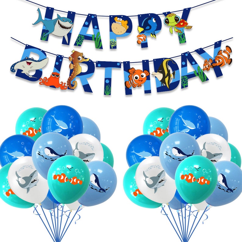 Under the Sea Ocean Themed Happy Birthday Party Set banner and 32 balloons image 1