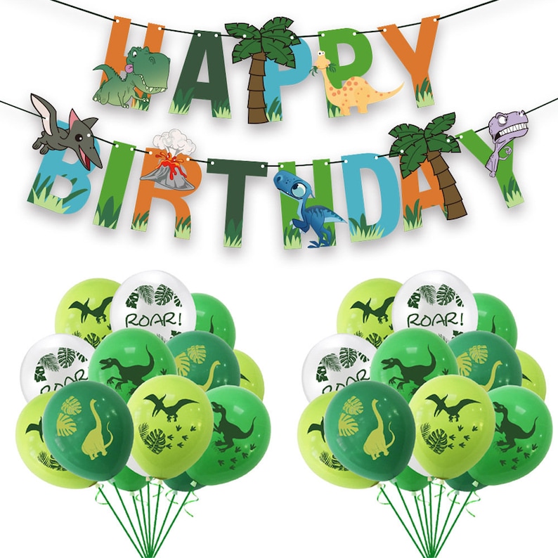 Dinosaur Themed Happy Birthday Party Set banner and 32 balloons image 1