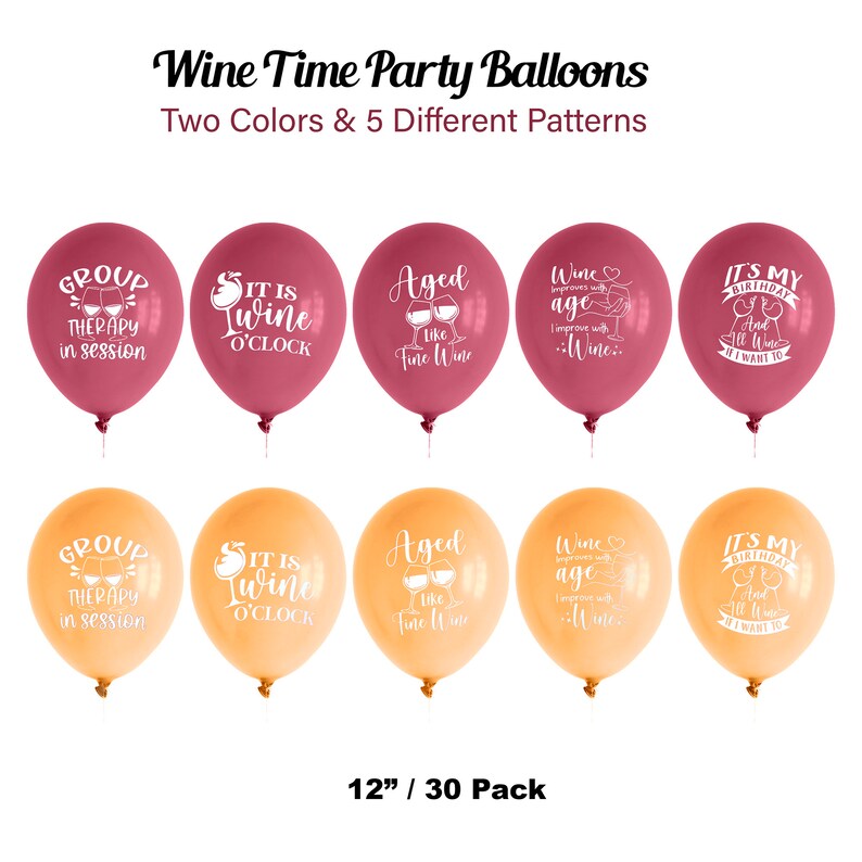 Wine Time Party Balloons 30 balloons in cabernet and chardonnay colors with hilarious wine puns image 4