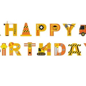 Puede incluir: Pancarta de Feliz Cumplea&ntilde;os con letras de tem&aacute;tica de construcci&oacute;n. Cada letra est&aacute; decorada con equipos de construcci&oacute;n como una excavadora, una gr&uacute;a y una sierra.