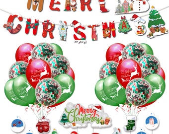 Merry Christmas Banner, Balloon, and Cupcake Topper Party Pack
