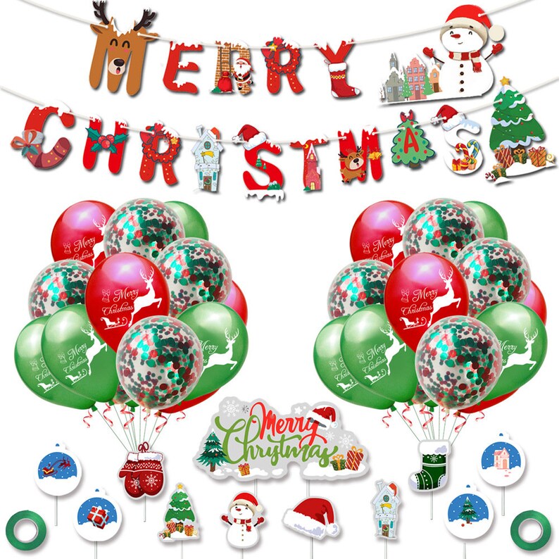 Merry Christmas Banner, Balloon, and Cupcake Topper Party Pack image 1
