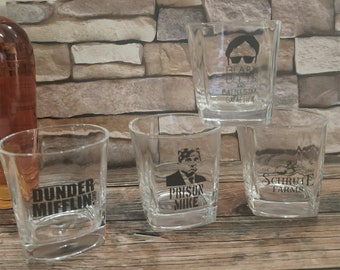 The Office Whiskey Glasses -  Dunder Mifflin, Prison Mike, Bears Beets Battlestar Galactica, Schrute Farms