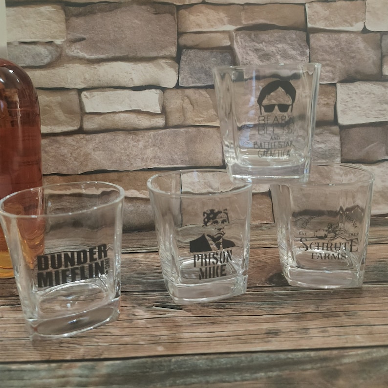 The Office Whiskey Glasses Dunder Mifflin, Prison Mike, Bears Beets Battlestar Galactica, Schrute Farms image 1