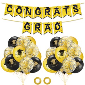 Congrats Grad Graduation Balloons and Banner Party Pack (Black and Gold)