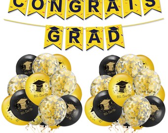 Congrats Grad Graduation Balloons and Banner Party Pack (Black and Gold)