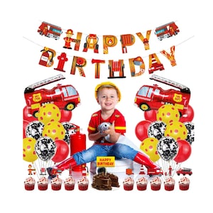 Fire Fighter Birthday Party Set - Chilren's birthday party supplies contains balloons, banner, cake toppers and more! (Firemen, Firefighter)