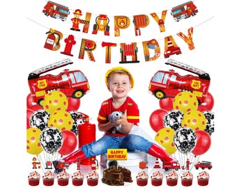 Fire Fighter Birthday Party Set - Chilren's birthday party supplies contains balloons, banner, cake toppers and more! (Firemen, Firefighter)