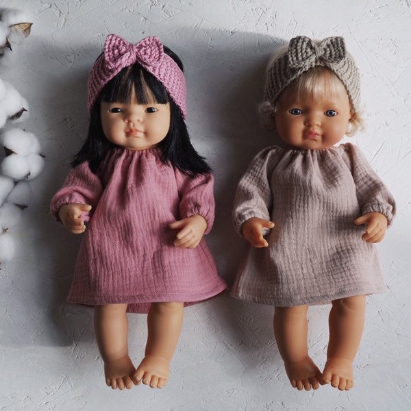 Vestido de muselina de manga larga hecho a mano para regalo de muñeca Miniland de 38 cm y Minikane de 34 cm