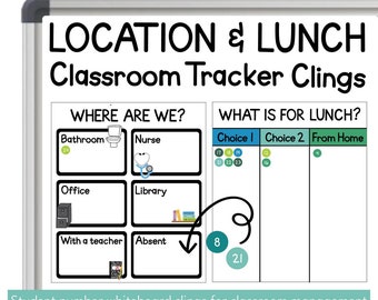 May include: A classroom management system with two whiteboards. The left whiteboard has the title "Where Are We?" and has icons for bathroom, nurse, office, library, with a teacher, and absent. The right whiteboard has the title "What Is For Lunch?" and has three columns labelled "Choice 1", "Choice 2", and "From Home".