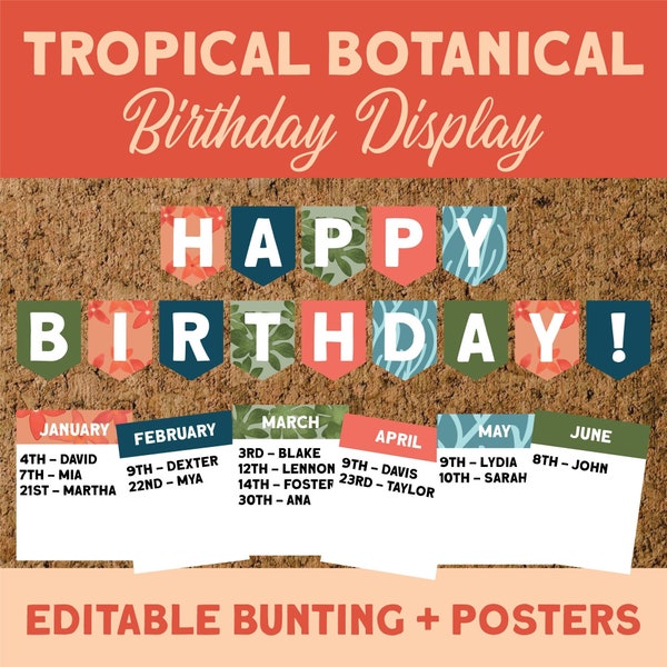 Tropical Botanical Editable Birthday Display | Classroom Monthly Birthday Chart | Modern Classroom Décor | Printable Classroom Decor