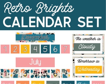 May include: A set of printable calendar cards with a retro bright colour scheme. The cards feature a colourful abstract pattern and include the months of December and July, days of the week, and weather and tomorrow's date cards. The text "2 FONTS & STYLES" is at the bottom of the image.