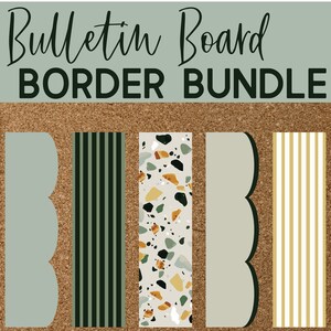 May include: A set of four bulletin board borders in a green and white color scheme. The borders feature a scalloped edge, a striped pattern, a terrazzo pattern, and a striped pattern with gold accents. The text "Bulletin Board BORDER BUNDLE" is at the top of the image.