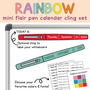 Op de afbeelding: Een whiteboard kalender cling set met het woord "RAINBOW" in kleurrijke letters. De set bevat een rode en een teal pen-vormige cling met de datum, en opties om kleuren en lettertypen te kiezen. Ontworpen om een whiteboard te labelen.