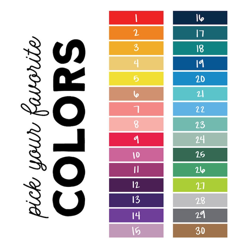 Peut inclure: Un tableau avec 30 &eacute;chantillons de couleurs, num&eacute;rot&eacute;s de 1 &agrave; 30. Le tableau est intitul&eacute; "Choisissez vos couleurs pr&eacute;f&eacute;r&eacute;es".