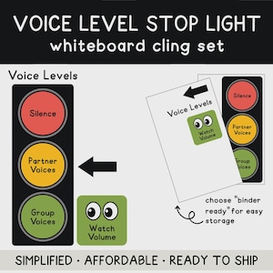 May include: A Voice Level Stop Light whiteboard cling set featuring a vertical traffic light graphic with red, yellow, and green circles labeled Silence, Partner Voices, and Group Voices. Includes a separate green square with eyes labeled Watch Volume.
