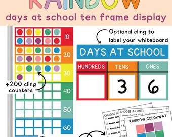 May include: A vibrant educational resource featuring a rainbow-themed design. It includes a ten-frame display, a "Days at School" section with numbers, and options for customising colours and fonts. The display has +200 cling counters.