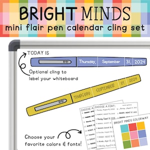 Op de afbeelding: Een whiteboard kalender cling set met de tekst "BRIGHT MINDS" en "mini flair pen calendar cling set". De set bevat een penvormige kalender, kleurstalen en lettertype-opties. De kalender toont de datum donderdag 31 september 2024.