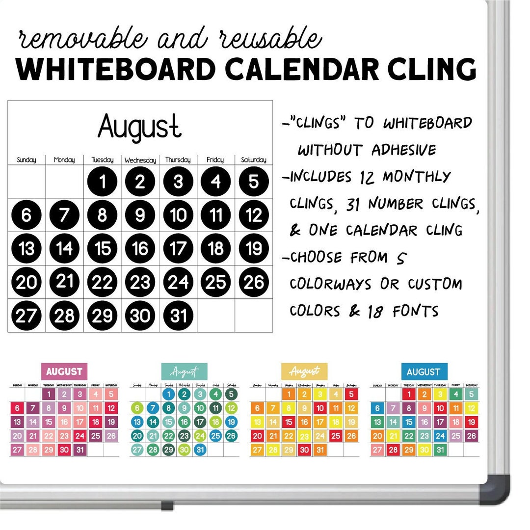 Whiteboard Cling Calendar Removable & Reusable No Adhesive Classroom