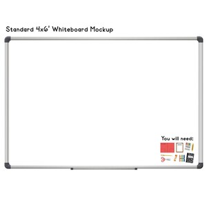 Pu&ograve; includere: Un mockup di lavagna bianca standard di 122 x 183 cm con cornice argentata e angoli arrotondati. La lavagna &egrave; vuota, con il testo "Standard 4x6' Whiteboard Mockup" in alto e "You will need:" con materiale scolastico in basso a destra.