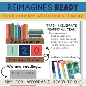 May include: A whiteboard display set titled REIMAGINES READY book counter whiteboard display. It features colorful book illustrations, a number counter showing 120, and text reading TRACK & CELEBRATE READING ALL YEAR! with a list of included clings.