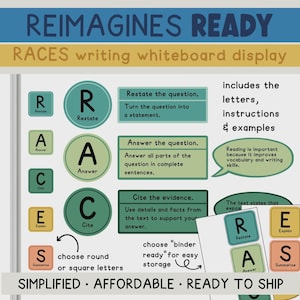 May include: A RACES writing whiteboard display set featuring educational posters with the text REIMAGINES READY RACES writing whiteboard display. Includes round and square letter cards, instructional text boxes, and speech bubbles with writing tips.