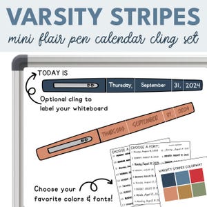 Op de afbeelding: Een whiteboard kalender cling set met de tekst "VARSITY STRIPES". De set bevat een penvormige cling met de datum en opties om kleuren en lettertypen te kiezen. Het kleurenpalet bevat tinten blauw, rood en bruin.