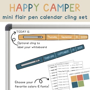 Op de afbeelding: Een whiteboard kalender cling set met de tekst "HAPPY CAMPER". De set bevat een penvormige cling met de datum en opties om kleuren en lettertypen te kiezen. De kalender toont de datum: Donderdag 31 september 2024.