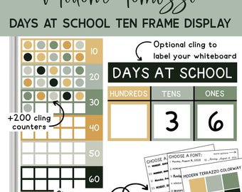 May include: A Modern Terrazzo Days at School Ten Frame Display. The display includes a ten frame, counters, and the text "Days at School." The design features a colour palette of green, gold, and black. The display also includes the text "Choose your favourite colours & fonts!"