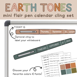 Op de afbeelding: Een mini flair pen kalender cling set met de woorden "EARTH TONES" bovenaan. De set bevat een penvormige cling met de datum en opties om kleuren en lettertypen te kiezen. De kleurenpalet bevat tinten bruin, groen en oranje.