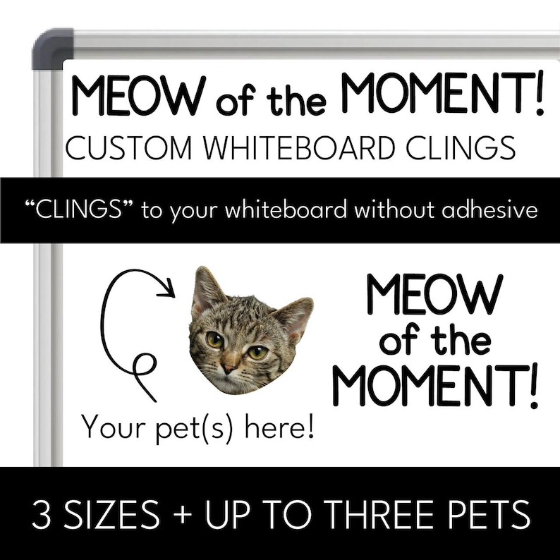 May include: Whiteboard clings with the text "MEOW of the MOMENT!" and a picture of a cat. The text "CLINGS" to your whiteboard without adhesive is also included. The text "Your pet(s) here!" is below the cat picture. The text "3 SIZES + UP TO THREE PETS" is at the bottom of the image.