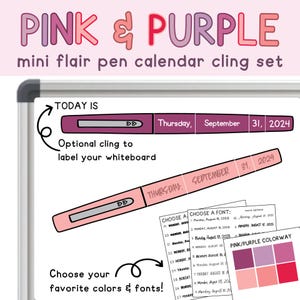 Op de afbeelding: Roze en paarse mini flair pen kalender cling set. De set bevat een penvormige cling met de datum en opties om kleuren en lettertypen te kiezen. De tekst "PINK & PURPLE" staat bovenaan.