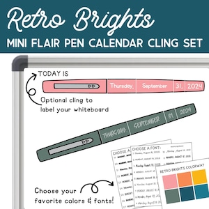 Op de afbeelding: Een whiteboard kalender cling set met de tekst "Retro Brights". De set bevat een roze en grijze flair pen ontwerp met de datum, en opties om kleuren en lettertypen te kiezen. De set is ontworpen om een whiteboard te labelen.