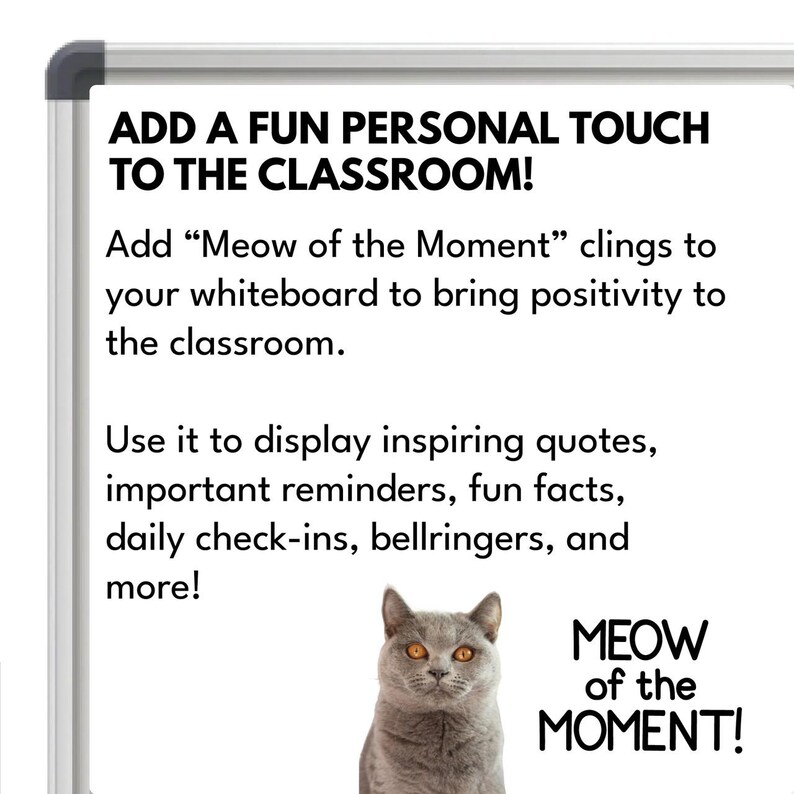 May include: A white dry-erase board with the text "ADD A FUN PERSONAL TOUCH TO THE CLASSROOM!" and "Add "Meow of the Moment" clings to your whiteboard to bring positivity to the classroom."  The text continues with "Use it to display inspiring quotes, important reminders, fun facts, daily check-ins, bellringers, and more!"  A gray cat with yellow eyes is at the bottom of the board with the text "MEOW of the MOMENT!"