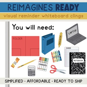 Pu&ograve; includere: Illustrazione di materiale scolastico tra cui una cartella rossa, un raccoglitore blu, un laptop, un evidenziatore, pastelli, pennarelli, una calcolatrice, forbici e un quaderno. Il testo recita "REIMAGINES READY" e "You will need:" con testo aggiuntivo in basso.