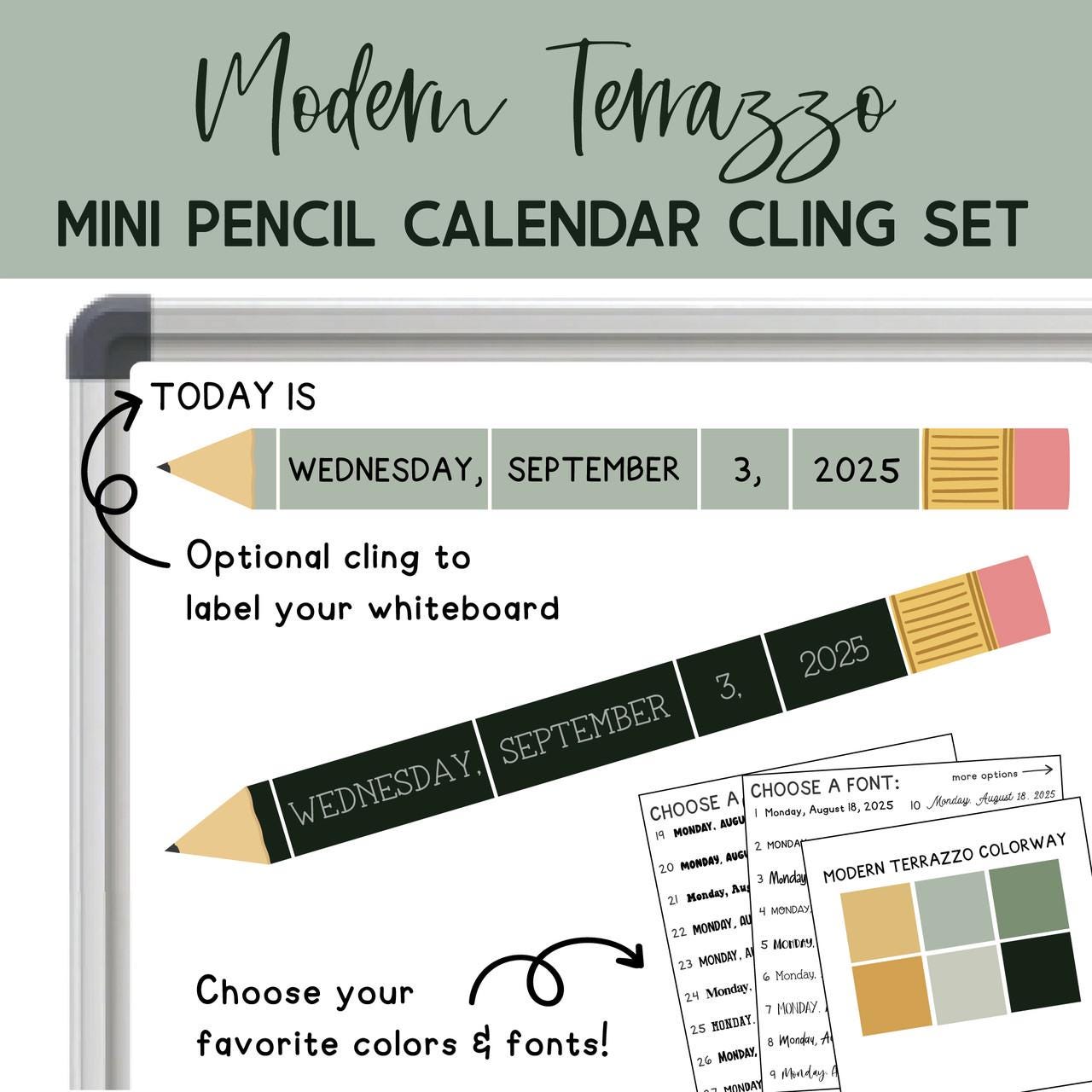 Modern Terrazzo Mini Pencil Calendar Whiteboard Cling Set – Reusable Classroom Calendar for Teachers | Static Cling Date Display