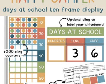 May include: A colourful "Happy Camper" school display. The display includes a ten frame, a "Days at School" chart showing 36 days, and options for colours and fonts. Includes over 200 cling counters.