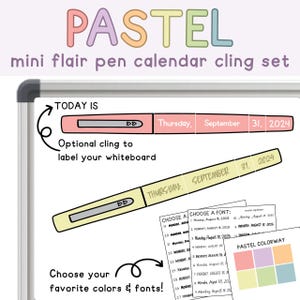 Pastelkleurige mini-flair-penkalender met whiteboardkleefset – herbruikbare kalender voor leraren | Statisch hechtschema | Aangepaste klasinrichting