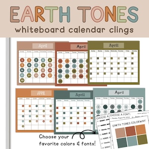 Peut inclure: Adhésifs de calendrier pour tableau blanc aux tons terre. L'image présente plusieurs calendriers pour avril dans différentes couleurs, avec le texte "Earth Tones" en haut. Le texte "Choisissez vos couleurs et polices préférées !" est également visible.