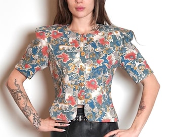 Vintage 80s Lady Carol Floral Puff Sleeve Blouse M Blue Coral Gold Baroque Print Padded Shoulders Fitted Waist Short Sleeve Mod Blouse USA