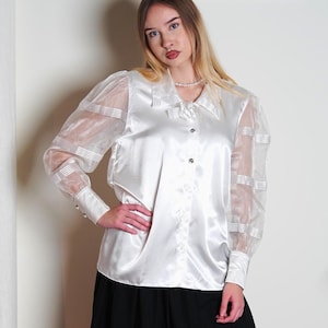 90s White Shiny Blouse With Sheer Sleeves / Vintage White Long Sleeve Shirt / Button Up Blouse / Avantgarde Blouse / Satin Shirt